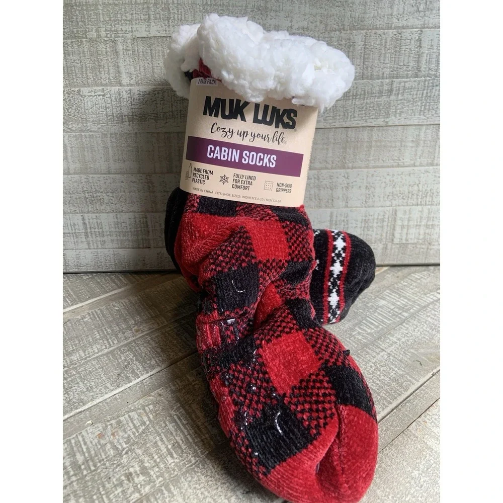 Muk Luks Cabin‎ Socks Red & Black 2 Pair – New Large-XL Thick Warm